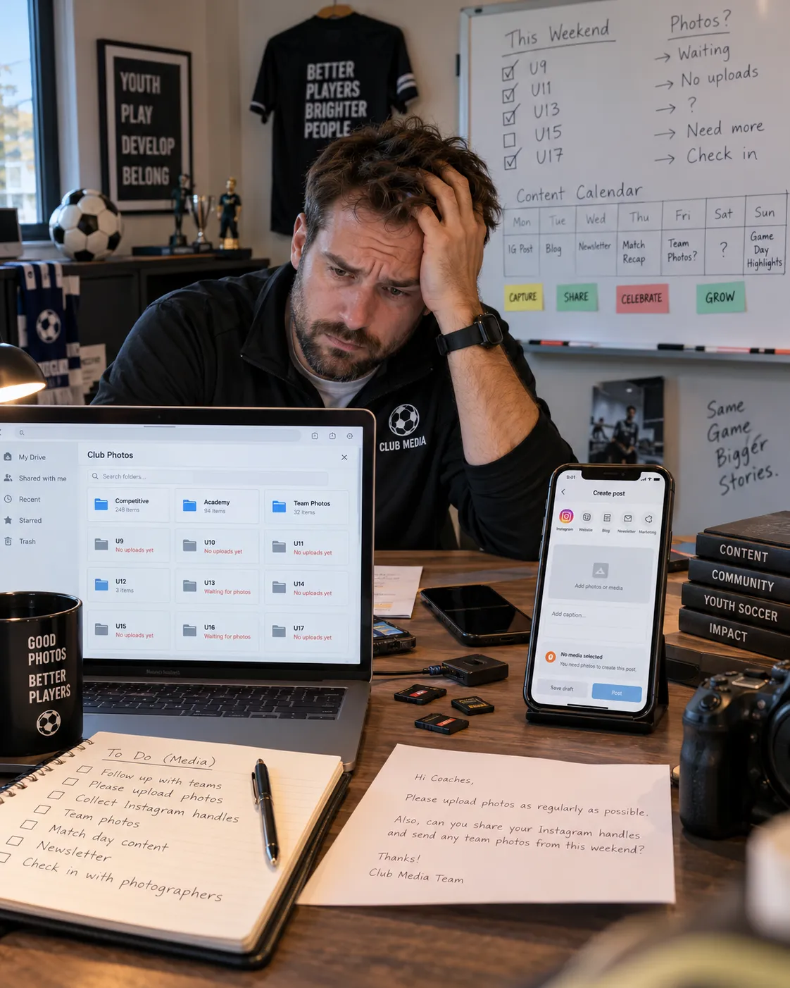 A club director at his desk, head in his hand, with empty photo folders on his laptop